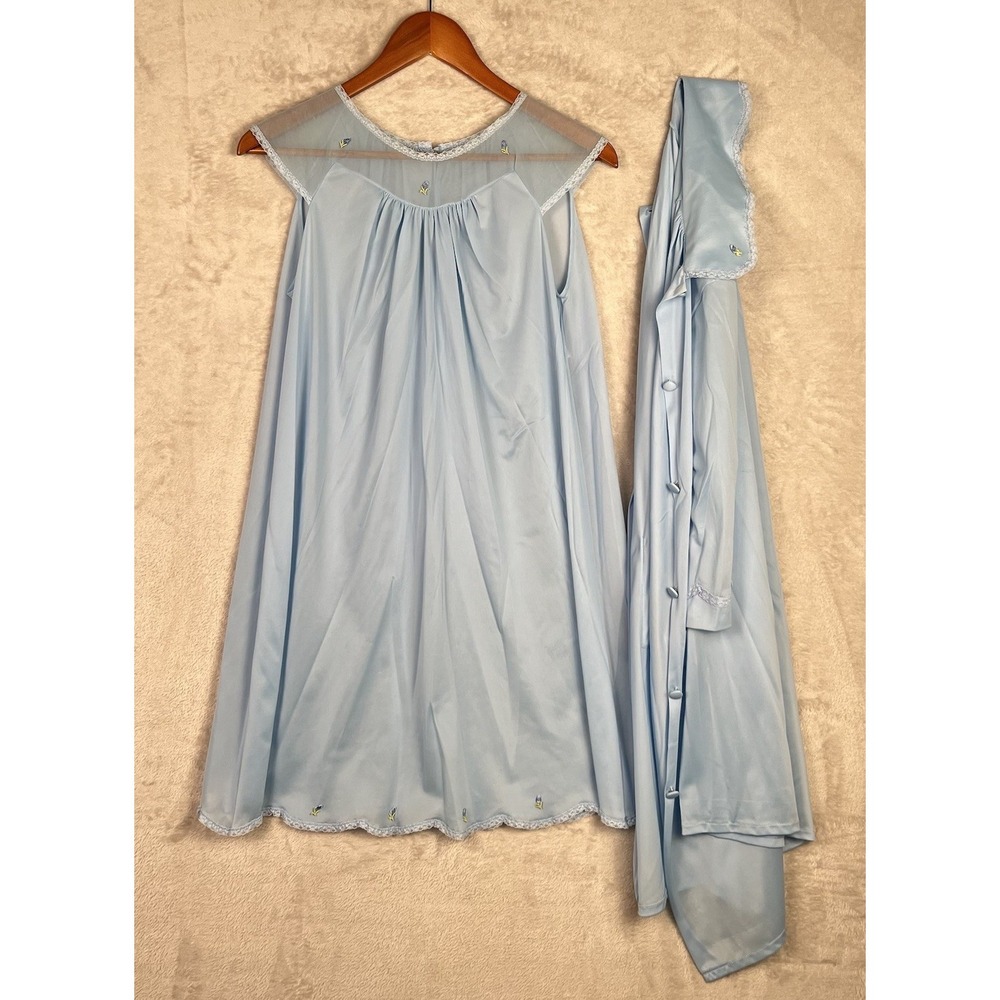 Vintage Henson Kickernick Gown Robe Blue Lace Embroidered Floral Small Petite